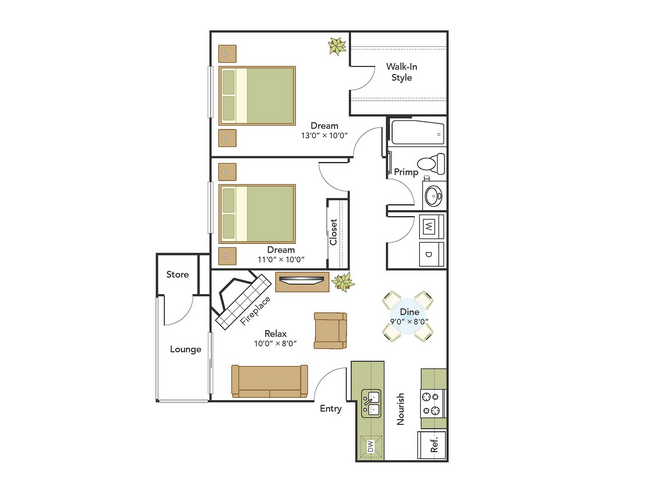2 Bed, 1 Bath B Upgraded 1P-P201 floor plan
